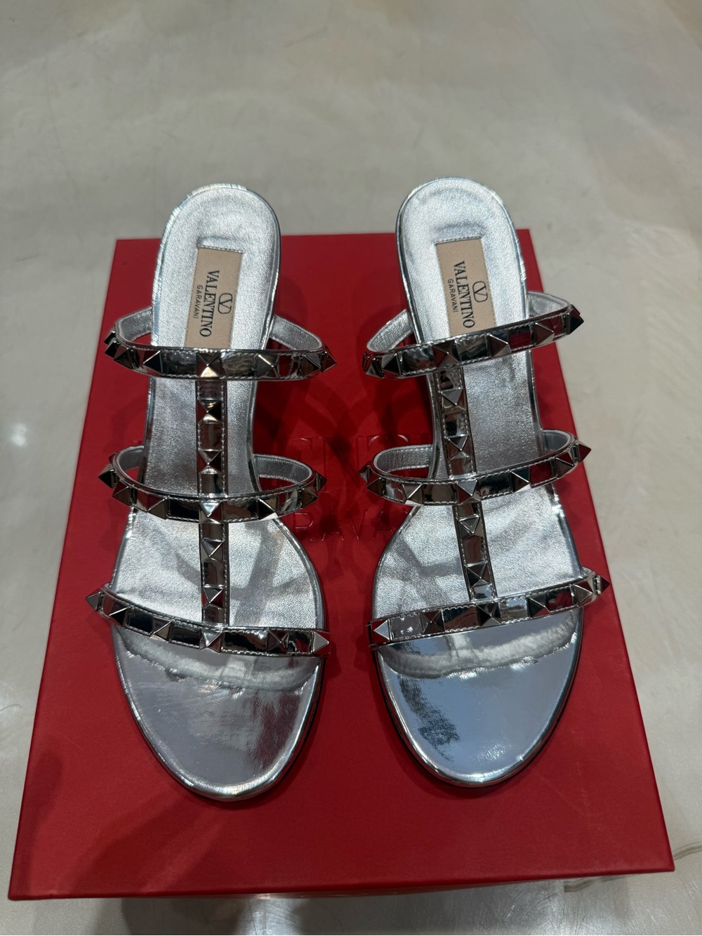 Valentino Silver Rockstud Triple-Strap Slide Mules